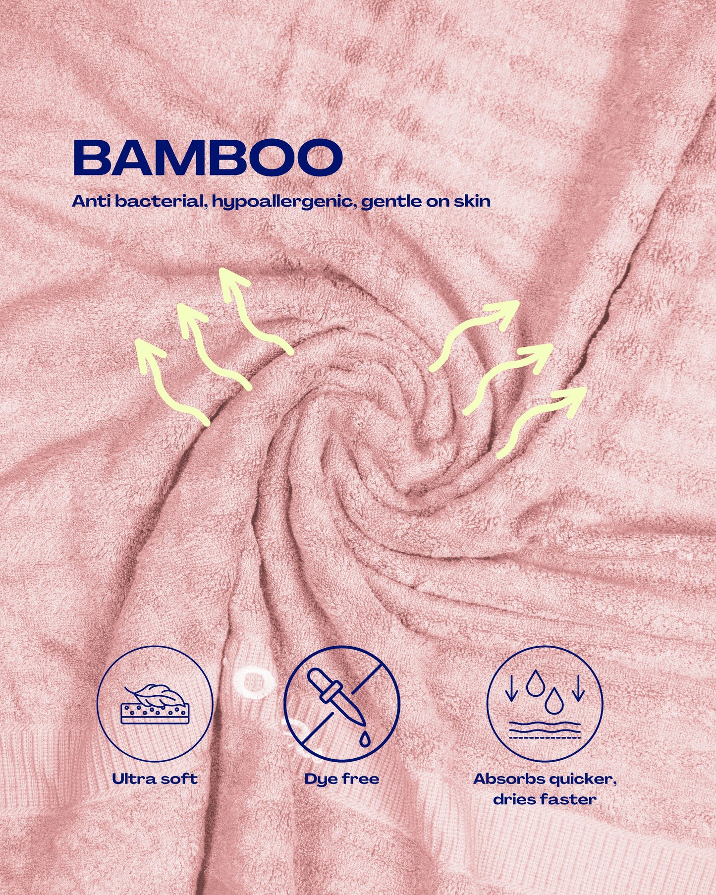 Close-up of pink bamboo bath towel fabric with highlighting properties like antibacterial, hypoallergenic, ultra-soft, dye-free, and quick-drying.
