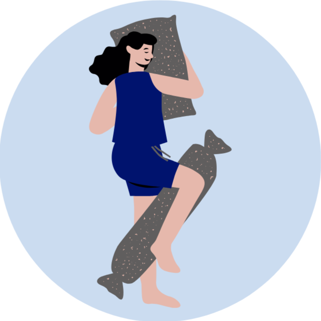 Illustration of a person in a blue nightgown holding a gray pillow with a blue circle background