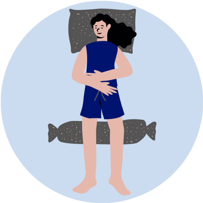 Illustration of a person lying on a bed with a pillow and blanket, on a light blue background.