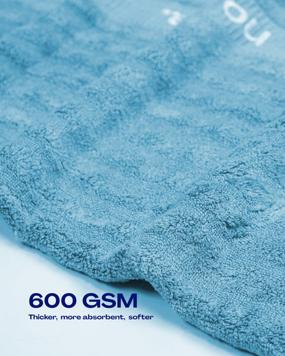 Close-up of a 600 GSM blue bamboo towel
