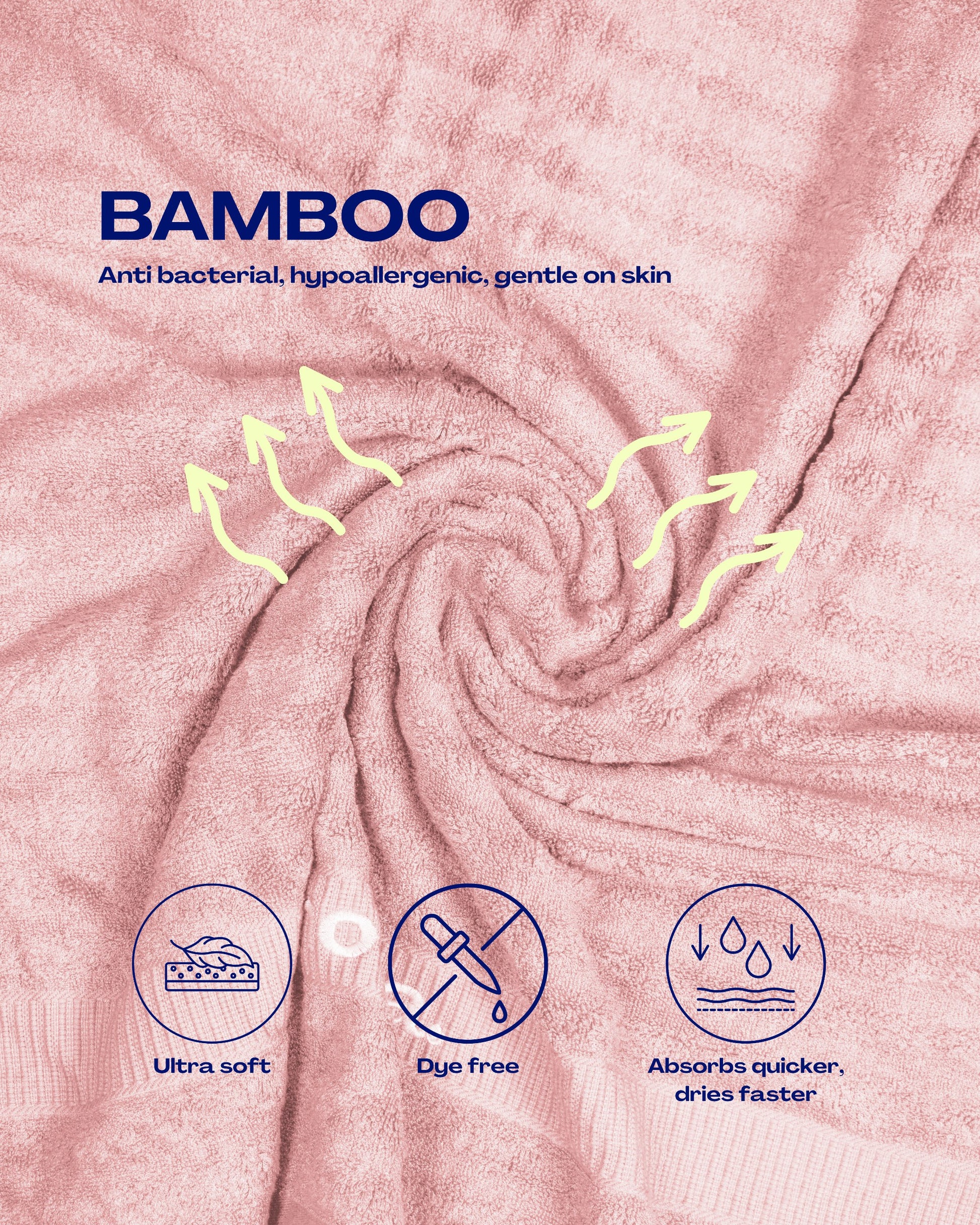 Close-up of pink bamboo bath towel fabric with highlighting properties like antibacterial, hypoallergenic, ultra-soft, dye-free, and quick-drying.